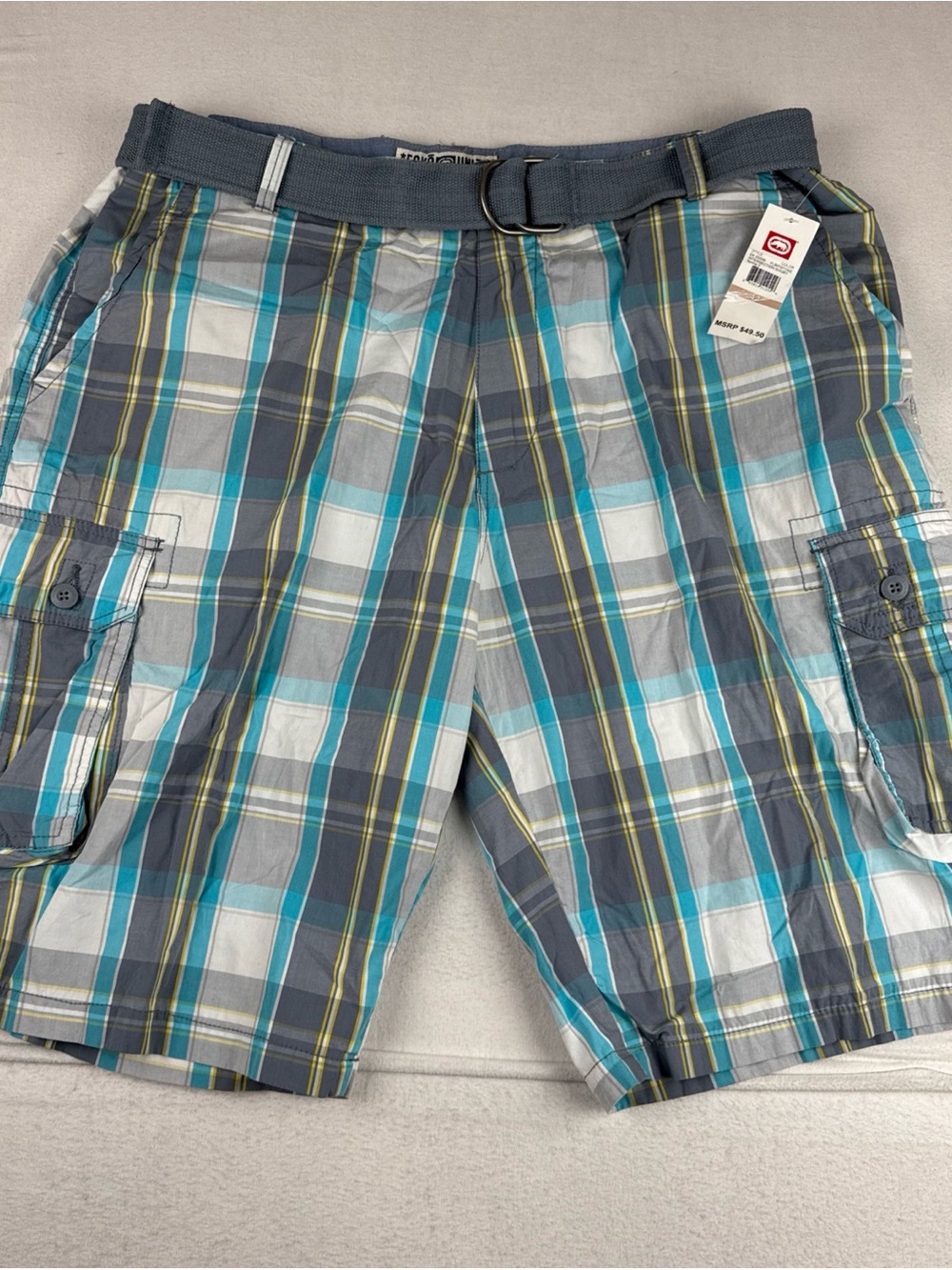 Ecko Unlimited Teal Gray Yellow Plaid Shorts Tag